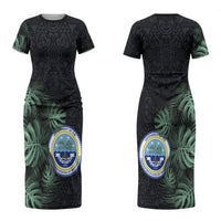 Federated States Of Micronesia Couples Matching Short Sleeve Bodycon Dress and Long Sleeve Button Shirt FSM Tropical Monstera Leaf Dark Tribal Pattern TS04 - Polynesian Pride