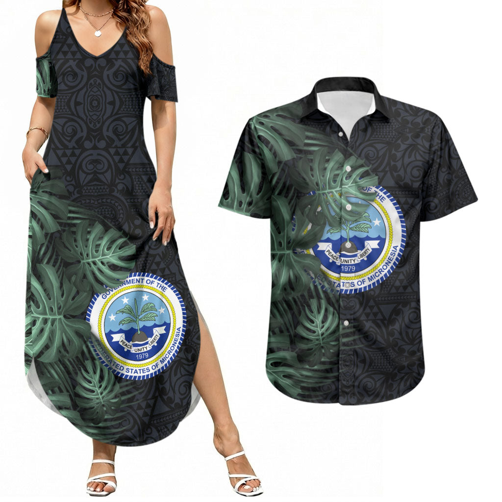 Federated States Of Micronesia Couples Matching Summer Maxi Dress and Hawaiian Shirt FSM Tropical Monstera Leaf Dark Tribal Pattern TS04 Black Green - Polynesian Pride