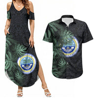 Federated States Of Micronesia Couples Matching Summer Maxi Dress and Hawaiian Shirt FSM Tropical Monstera Leaf Dark Tribal Pattern TS04 Black Green - Polynesian Pride