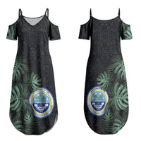 Federated States Of Micronesia Couples Matching Summer Maxi Dress and Hawaiian Shirt FSM Tropical Monstera Leaf Dark Tribal Pattern TS04 - Polynesian Pride
