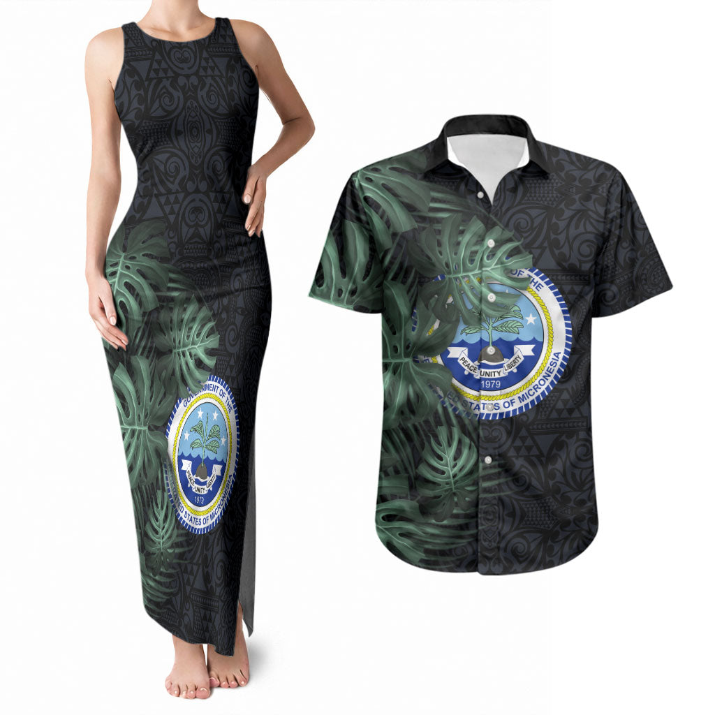 Federated States Of Micronesia Couples Matching Tank Maxi Dress and Hawaiian Shirt FSM Tropical Monstera Leaf Dark Tribal Pattern TS04 Black Green - Polynesian Pride