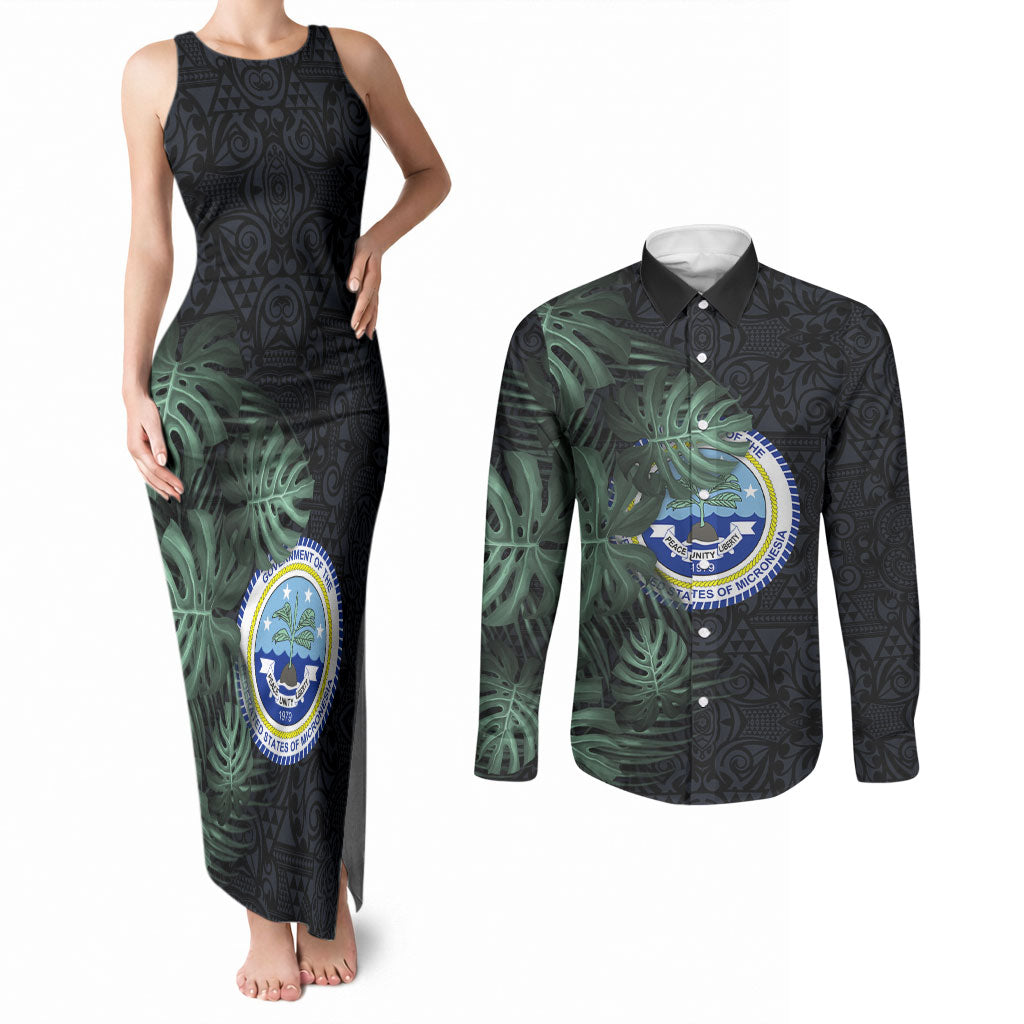 Federated States Of Micronesia Couples Matching Tank Maxi Dress and Long Sleeve Button Shirt FSM Tropical Monstera Leaf Dark Tribal Pattern TS04 Black Green - Polynesian Pride