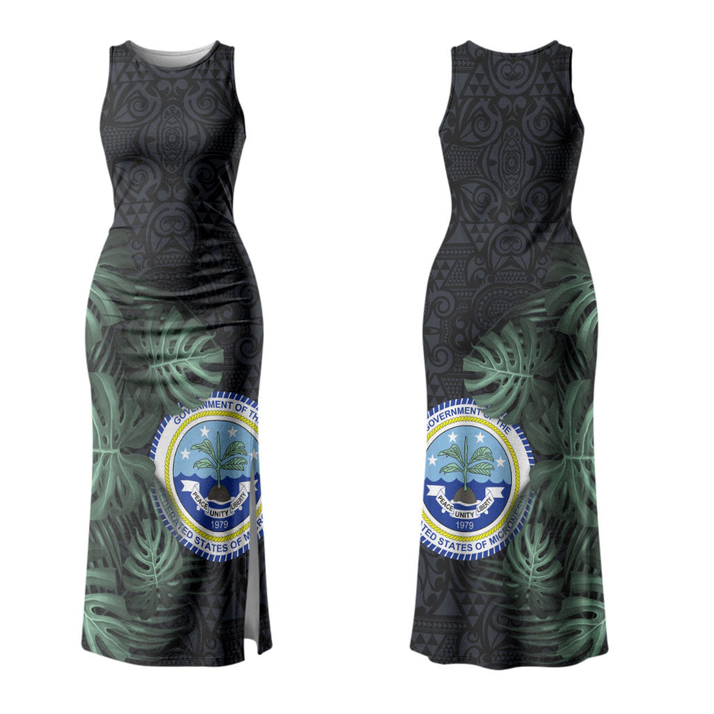Federated States Of Micronesia Couples Matching Tank Maxi Dress and Long Sleeve Button Shirt FSM Tropical Monstera Leaf Dark Tribal Pattern TS04 - Polynesian Pride