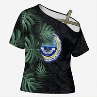 Federated States Of Micronesia Cross Shoulder Shirt FSM Tropical Monstera Leaf Dark Tribal Pattern TS04 Female Black Green - Polynesian Pride