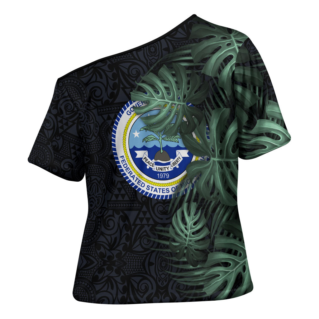 Federated States Of Micronesia Cross Shoulder Shirt FSM Tropical Monstera Leaf Dark Tribal Pattern TS04 - Polynesian Pride