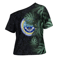 Federated States Of Micronesia Cross Shoulder Shirt FSM Tropical Monstera Leaf Dark Tribal Pattern TS04 - Polynesian Pride