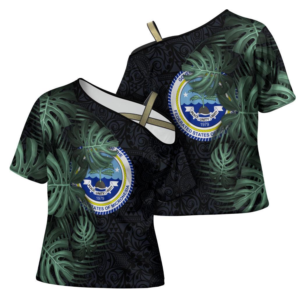 Federated States Of Micronesia Cross Shoulder Shirt FSM Tropical Monstera Leaf Dark Tribal Pattern TS04 - Polynesian Pride