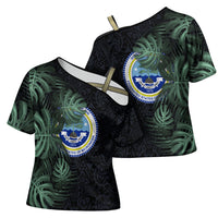 Federated States Of Micronesia Cross Shoulder Shirt FSM Tropical Monstera Leaf Dark Tribal Pattern TS04 - Polynesian Pride