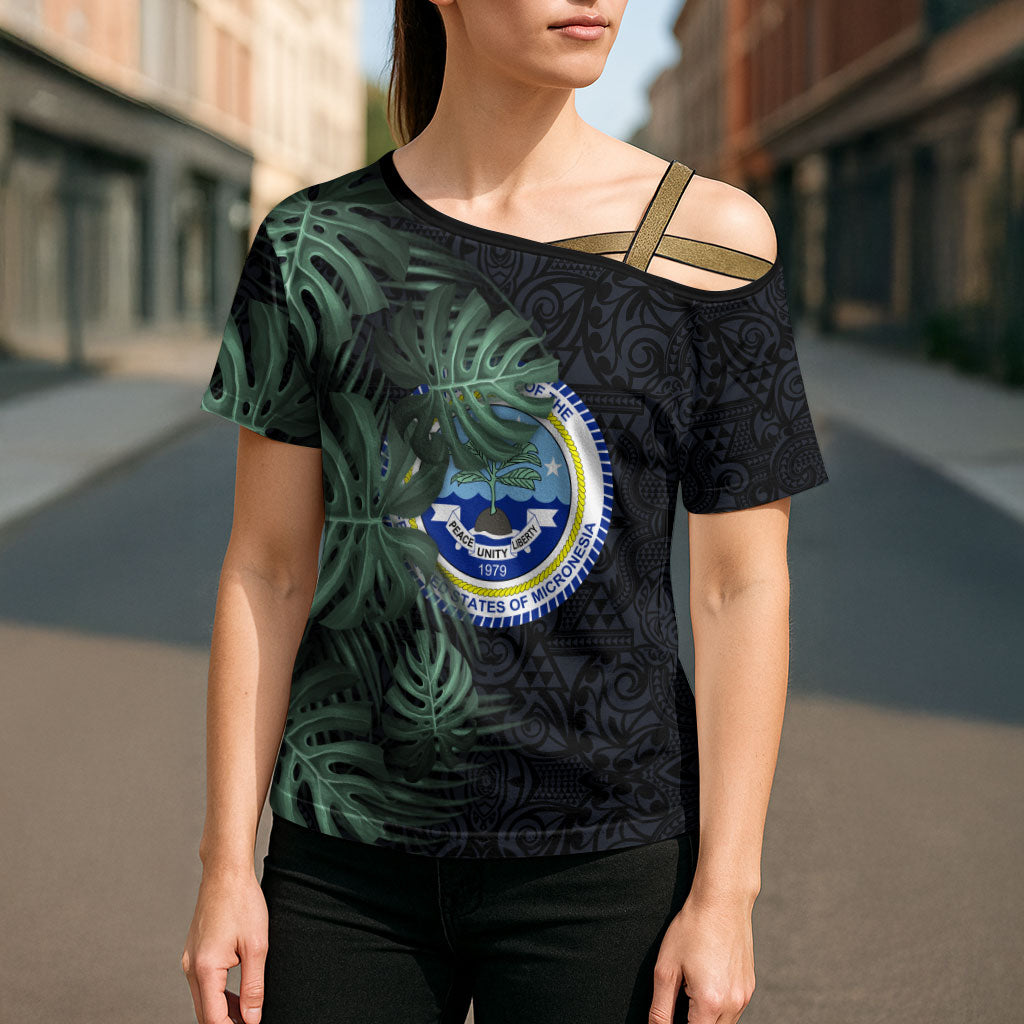 Federated States Of Micronesia Cross Shoulder Shirt FSM Tropical Monstera Leaf Dark Tribal Pattern TS04 - Polynesian Pride