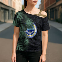 Federated States Of Micronesia Cross Shoulder Shirt FSM Tropical Monstera Leaf Dark Tribal Pattern TS04 - Polynesian Pride