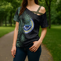 Federated States Of Micronesia Cross Shoulder Shirt FSM Tropical Monstera Leaf Dark Tribal Pattern TS04 - Polynesian Pride
