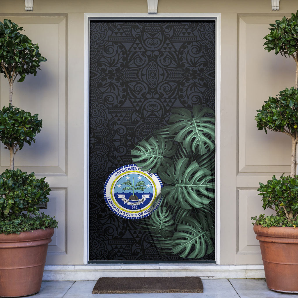 Federated States Of Micronesia Door Cover FSM Tropical Monstera Leaf Dark Tribal Pattern TS04 Black Green - Polynesian Pride