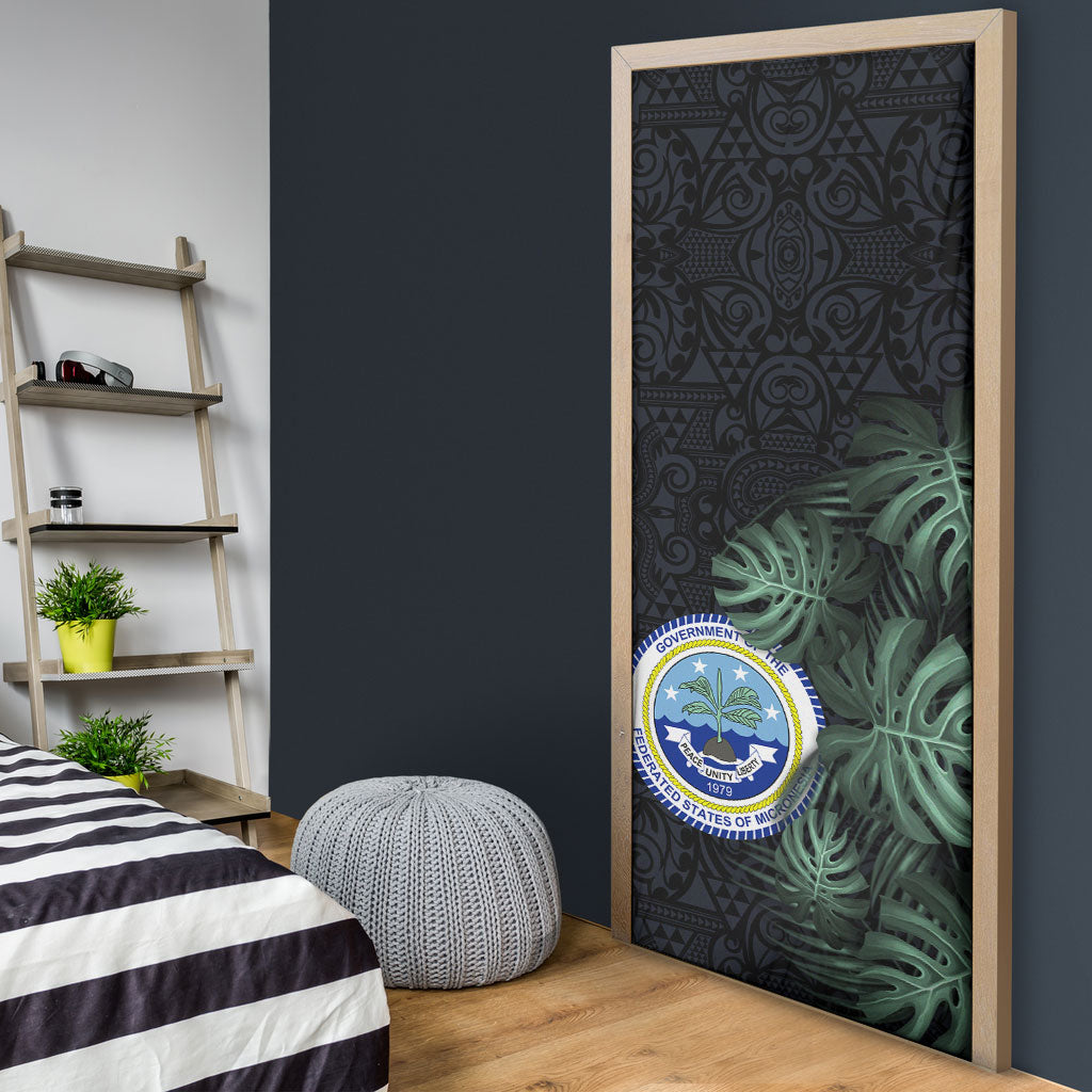 Federated States Of Micronesia Door Cover FSM Tropical Monstera Leaf Dark Tribal Pattern TS04 - Polynesian Pride