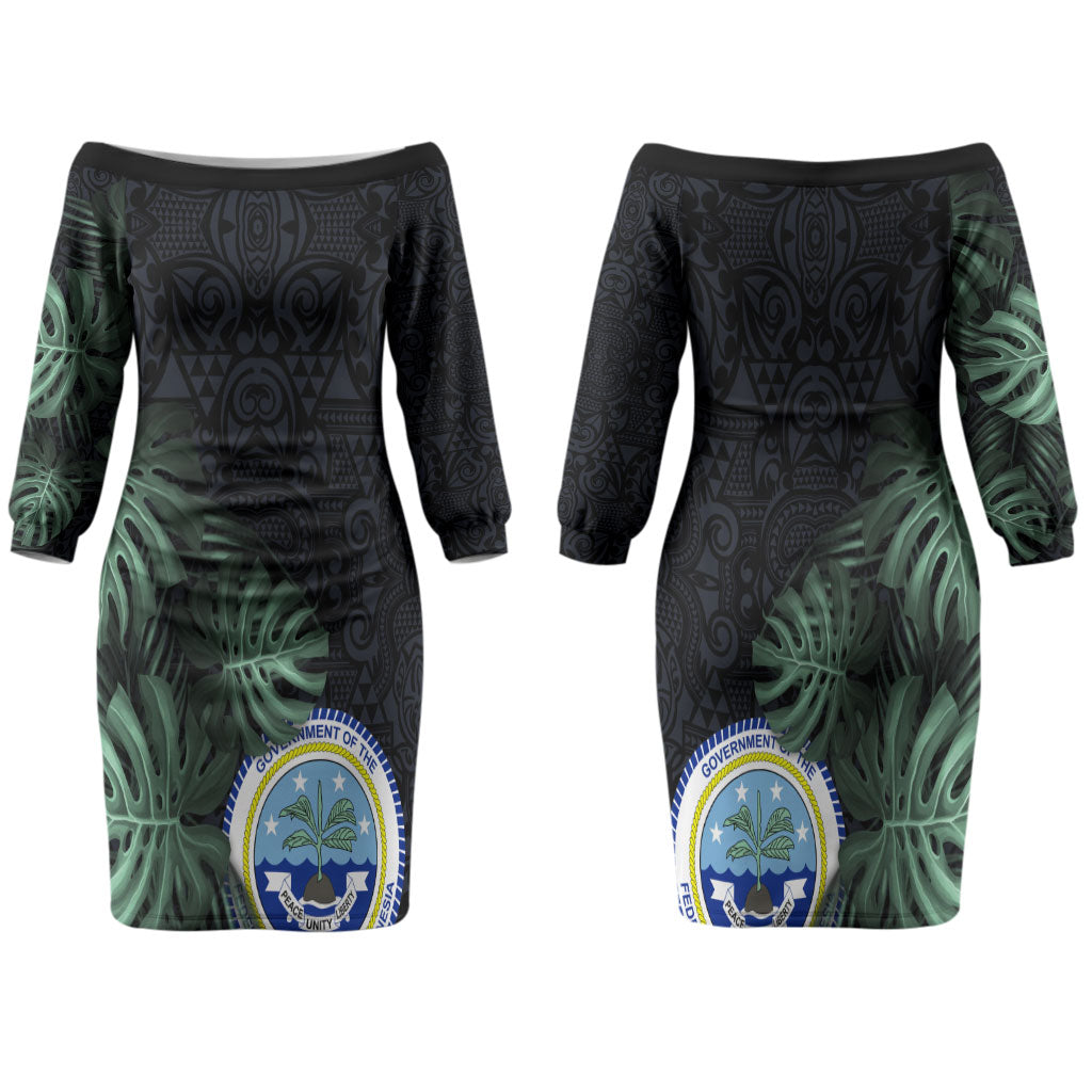 Federated States Of Micronesia Family Matching Off The Shoulder Long Sleeve Dress and Hawaiian Shirt FSM Tropical Monstera Leaf Dark Tribal Pattern TS04 Mom's Dress Black Green - Polynesian Pride