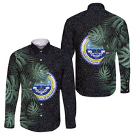 Federated States Of Micronesia Family Matching Off The Shoulder Long Sleeve Dress and Hawaiian Shirt FSM Tropical Monstera Leaf Dark Tribal Pattern TS04 Dad's Shirt - Long Sleeve Black Green - Polynesian Pride