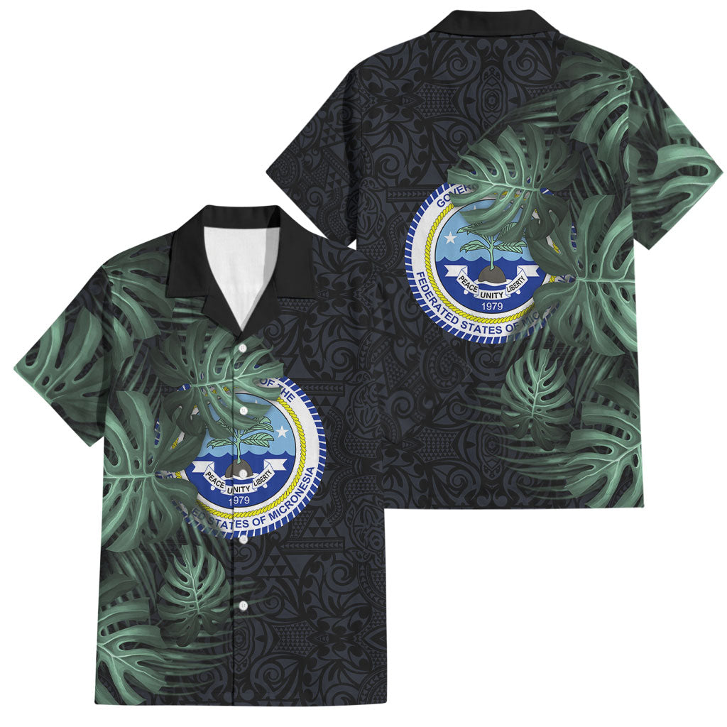 Federated States Of Micronesia Family Matching Tank Maxi Dress and Hawaiian Shirt FSM Tropical Monstera Leaf Dark Tribal Pattern TS04 Dad's Shirt - Short Sleeve Black Green - Polynesian Pride