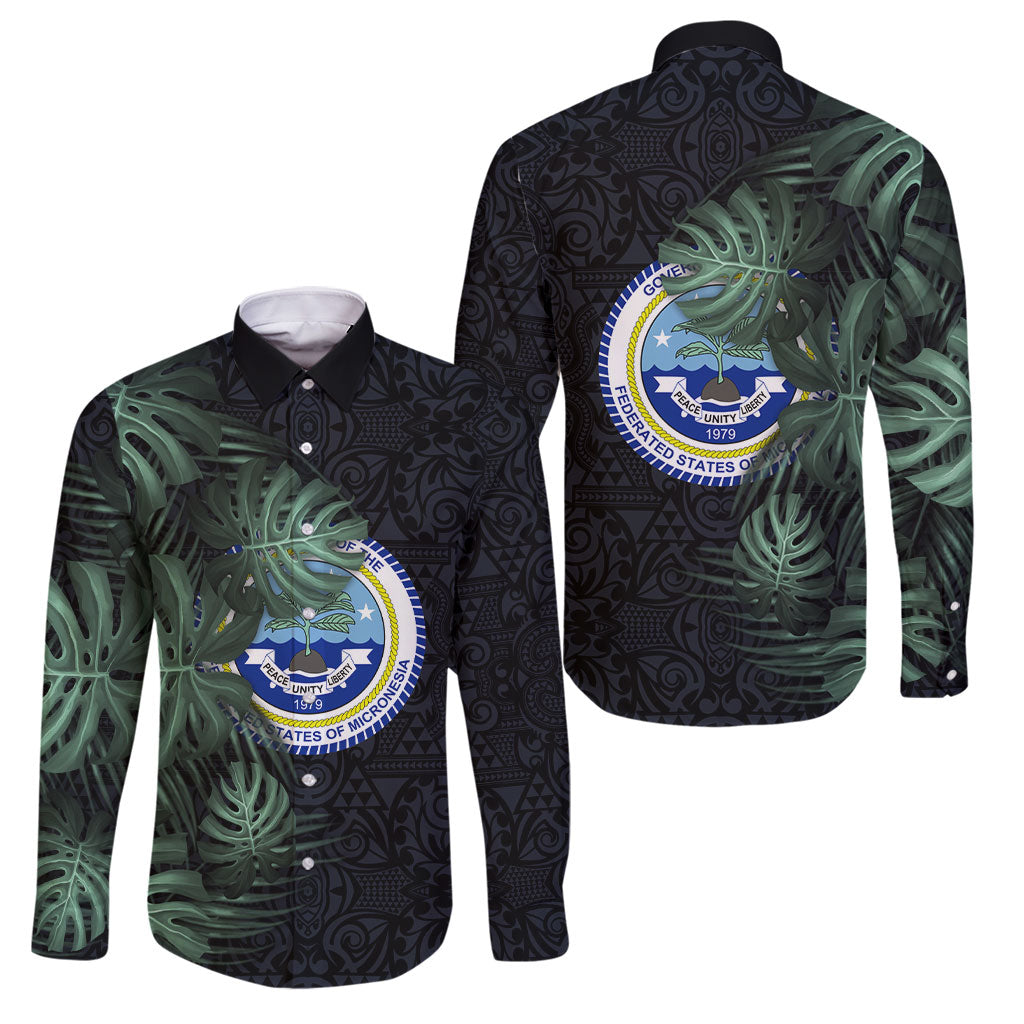 Federated States Of Micronesia Family Matching Tank Maxi Dress and Hawaiian Shirt FSM Tropical Monstera Leaf Dark Tribal Pattern TS04 Dad's Shirt - Long Sleeve Black Green - Polynesian Pride