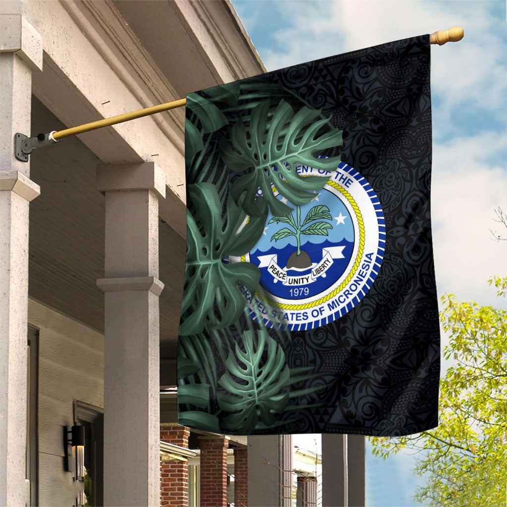 Federated States Of Micronesia Garden Flag FSM Tropical Monstera Leaf Dark Tribal Pattern TS04 House Flag Black Green - Polynesian Pride