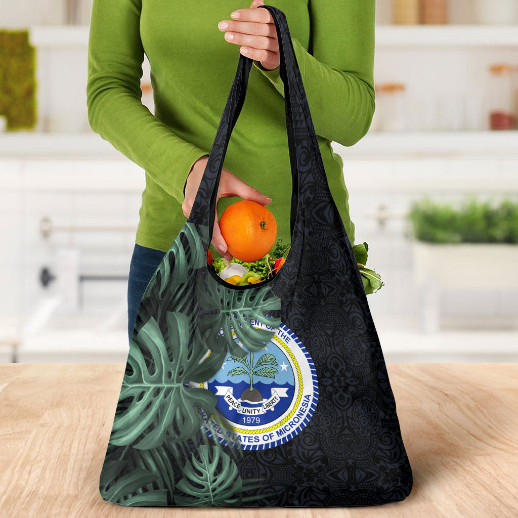 Federated States Of Micronesia Grocery Bag FSM Tropical Monstera Leaf Dark Tribal Pattern TS04 - Polynesian Pride