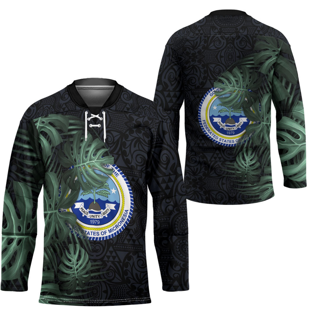 Federated States Of Micronesia Hockey Jersey FSM Tropical Monstera Leaf Dark Tribal Pattern TS04 - Polynesian Pride