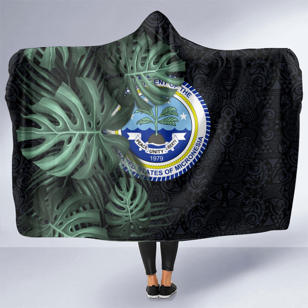 Federated States Of Micronesia Hooded Blanket FSM Tropical Monstera Leaf Dark Tribal Pattern TS04 One Size Black Green - Polynesian Pride