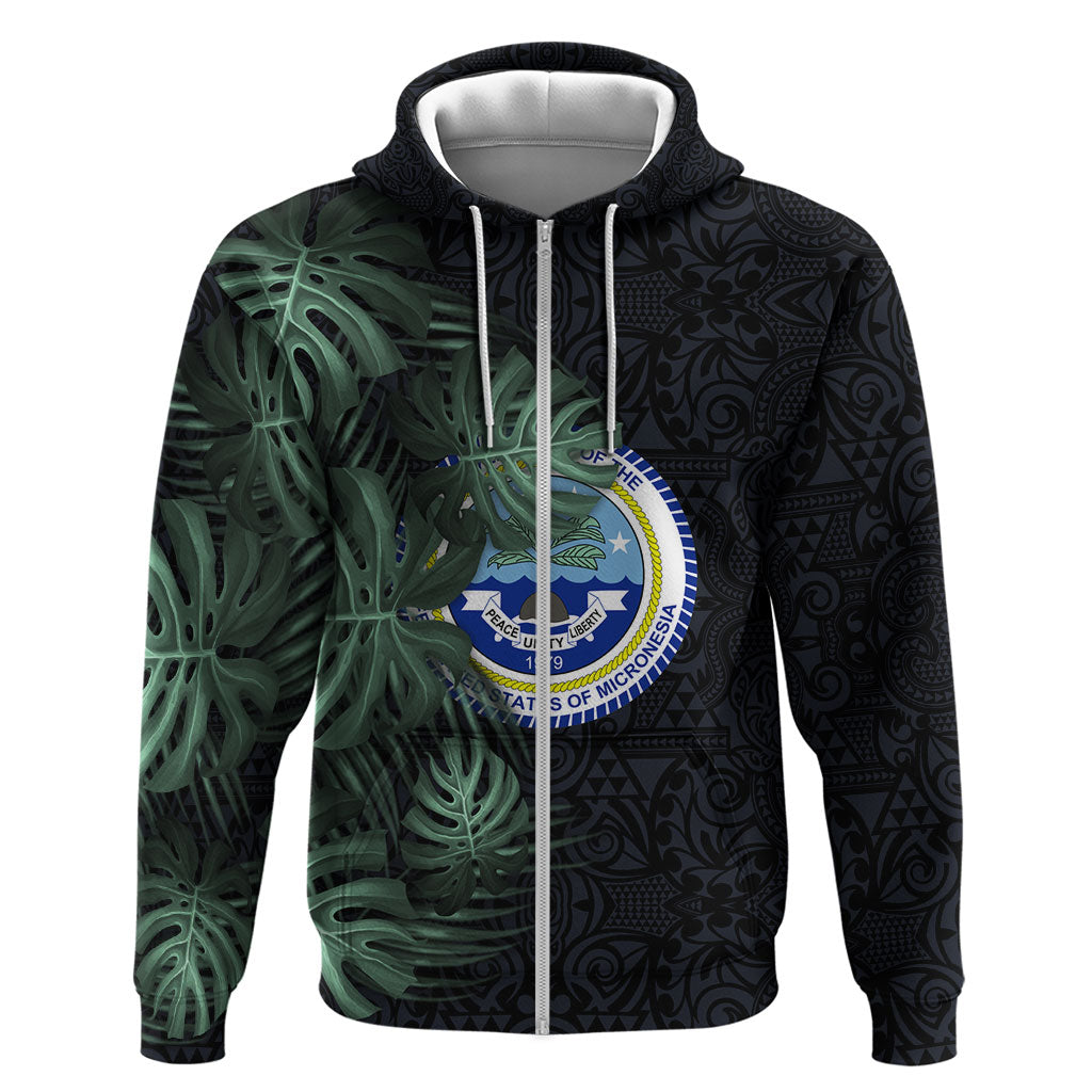 Federated States Of Micronesia Hoodie FSM Tropical Monstera Leaf Dark Tribal Pattern TS04 Zip Hoodie Black Green - Polynesian Pride