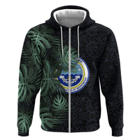 Federated States Of Micronesia Hoodie FSM Tropical Monstera Leaf Dark Tribal Pattern TS04 Zip Hoodie Black Green - Polynesian Pride