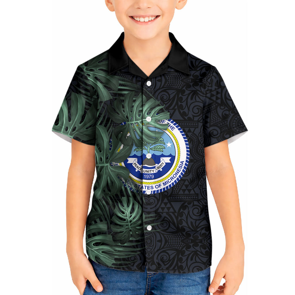 Federated States Of Micronesia Kid Hawaiian Shirt FSM Tropical Monstera Leaf Dark Tribal Pattern TS04 Kid Black Green - Polynesian Pride
