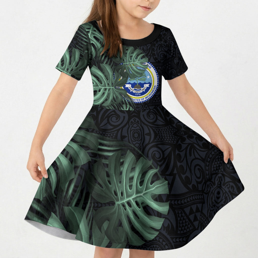 Federated States Of Micronesia Kid Short Sleeve Dress FSM Tropical Monstera Leaf Dark Tribal Pattern TS04 KID Black Green - Polynesian Pride