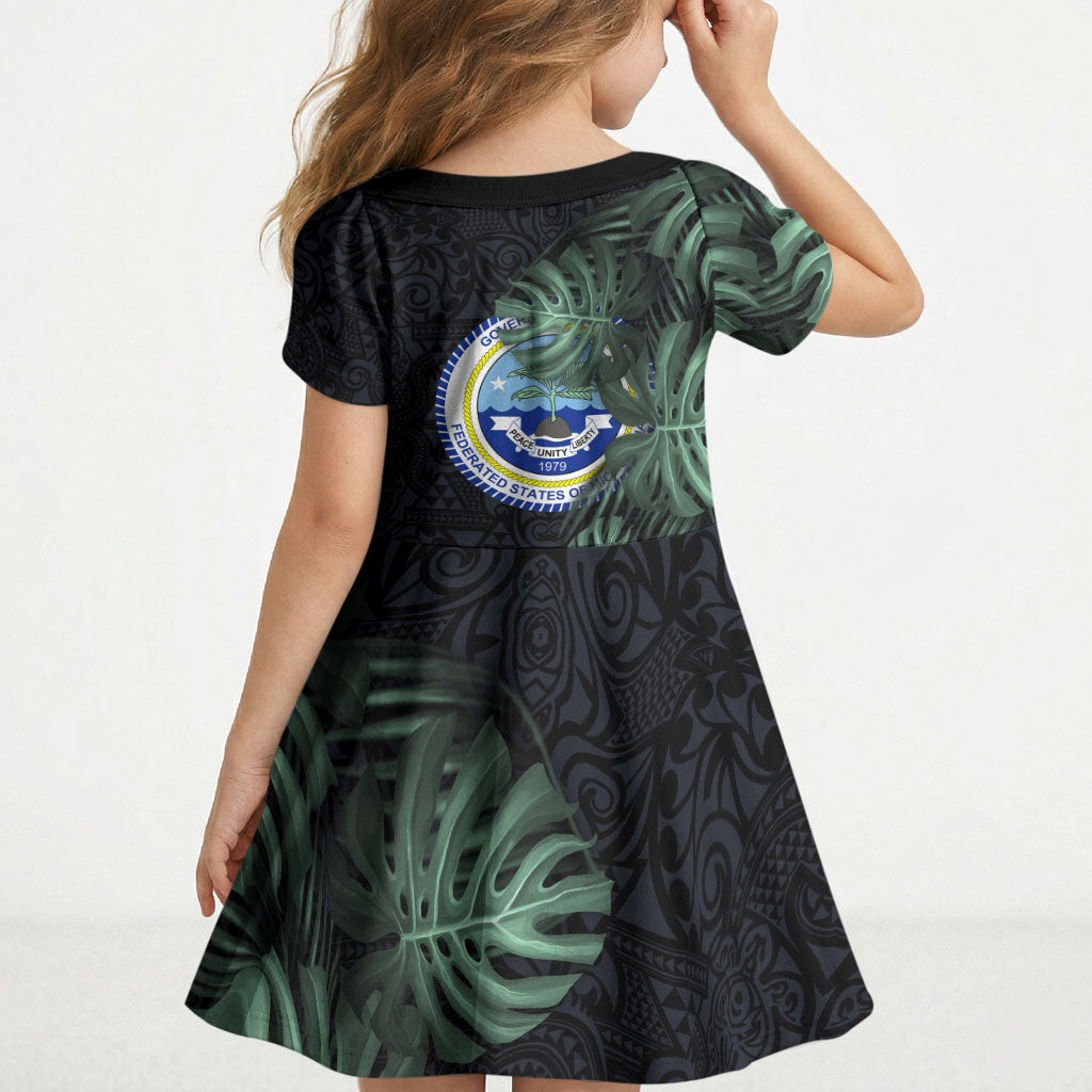 Federated States Of Micronesia Kid Short Sleeve Dress FSM Tropical Monstera Leaf Dark Tribal Pattern TS04 - Polynesian Pride