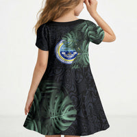 Federated States Of Micronesia Kid Short Sleeve Dress FSM Tropical Monstera Leaf Dark Tribal Pattern TS04 - Polynesian Pride