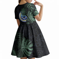 Federated States Of Micronesia Kid Short Sleeve Dress FSM Tropical Monstera Leaf Dark Tribal Pattern TS04 - Polynesian Pride