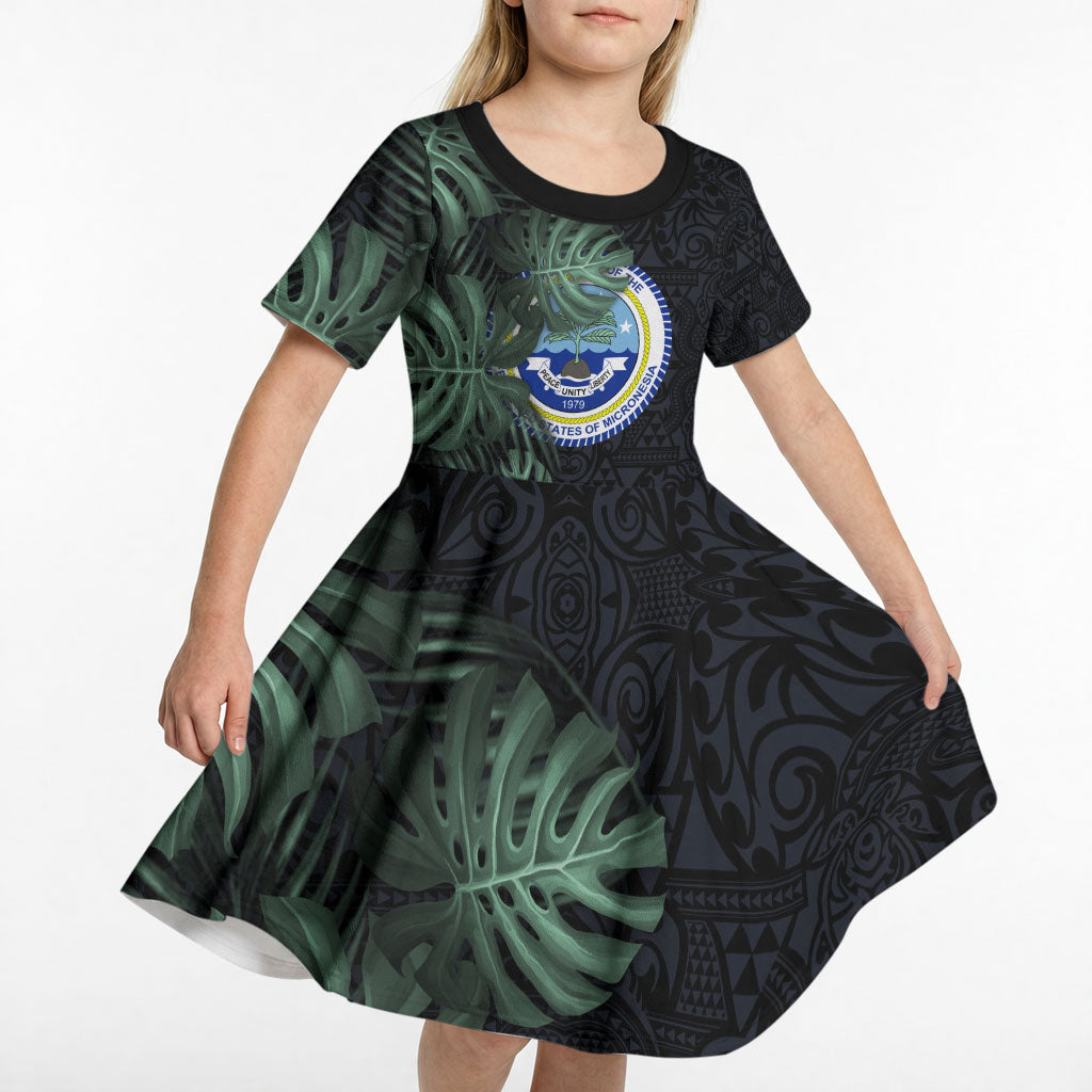 Federated States Of Micronesia Kid Short Sleeve Dress FSM Tropical Monstera Leaf Dark Tribal Pattern TS04 - Polynesian Pride