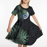 Federated States Of Micronesia Kid Short Sleeve Dress FSM Tropical Monstera Leaf Dark Tribal Pattern TS04 - Polynesian Pride
