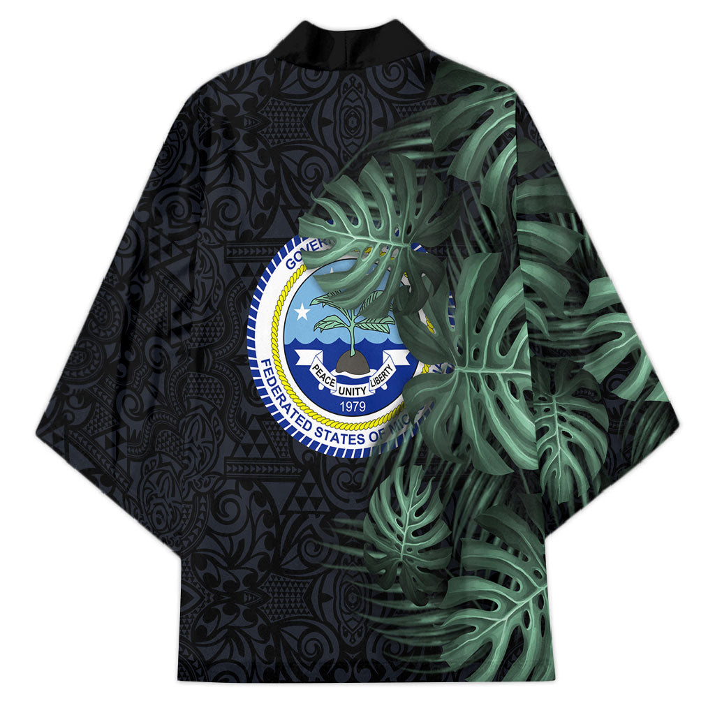Federated States Of Micronesia Kimono FSM Tropical Monstera Leaf Dark Tribal Pattern TS04 - Polynesian Pride