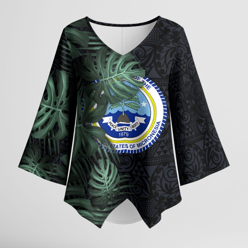 Federated States Of Micronesia Kimono Sleeve Blouse FSM Tropical Monstera Leaf Dark Tribal Pattern TS04 Female Black Green - Polynesian Pride