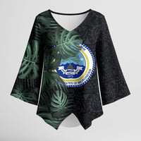 Federated States Of Micronesia Kimono Sleeve Blouse FSM Tropical Monstera Leaf Dark Tribal Pattern TS04 Female Black Green - Polynesian Pride