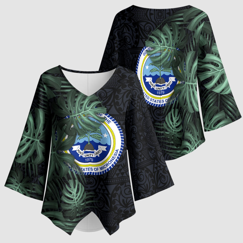 Federated States Of Micronesia Kimono Sleeve Blouse FSM Tropical Monstera Leaf Dark Tribal Pattern TS04 - Polynesian Pride