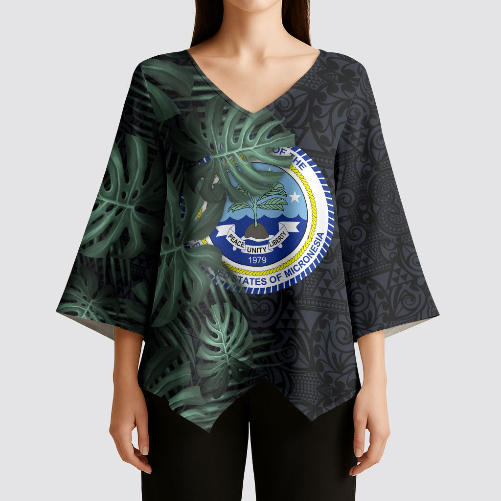 Federated States Of Micronesia Kimono Sleeve Blouse FSM Tropical Monstera Leaf Dark Tribal Pattern TS04 - Polynesian Pride