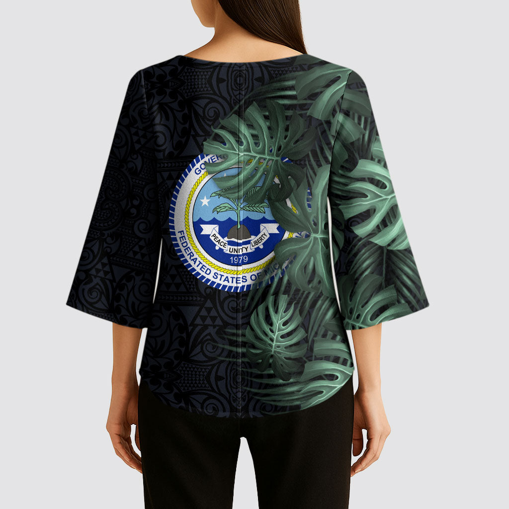 Federated States Of Micronesia Kimono Sleeve Blouse FSM Tropical Monstera Leaf Dark Tribal Pattern TS04 - Polynesian Pride