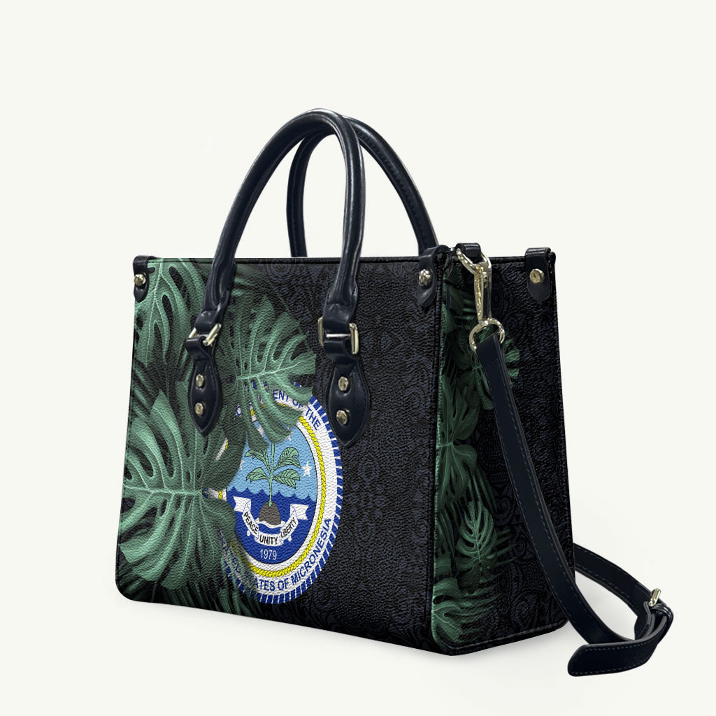 Federated States Of Micronesia Leather Bag FSM Tropical Monstera Leaf Dark Tribal Pattern TS04 Black Green - Polynesian Pride