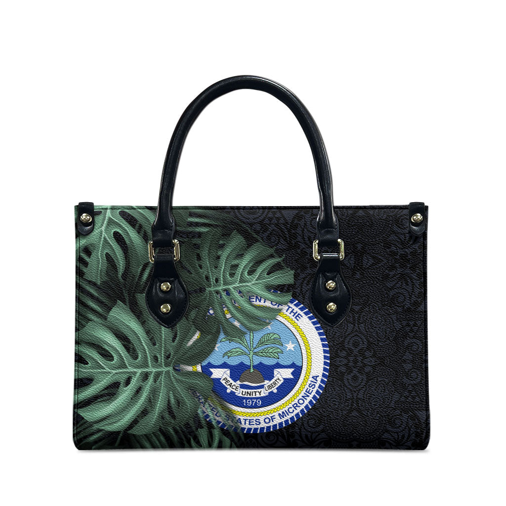 Federated States Of Micronesia Leather Bag FSM Tropical Monstera Leaf Dark Tribal Pattern TS04 - Polynesian Pride