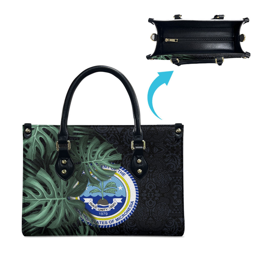 Federated States Of Micronesia Leather Bag FSM Tropical Monstera Leaf Dark Tribal Pattern TS04 - Polynesian Pride