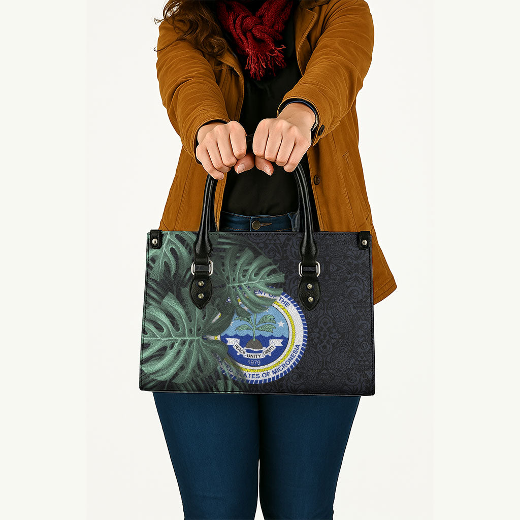 Federated States Of Micronesia Leather Bag FSM Tropical Monstera Leaf Dark Tribal Pattern TS04 - Polynesian Pride