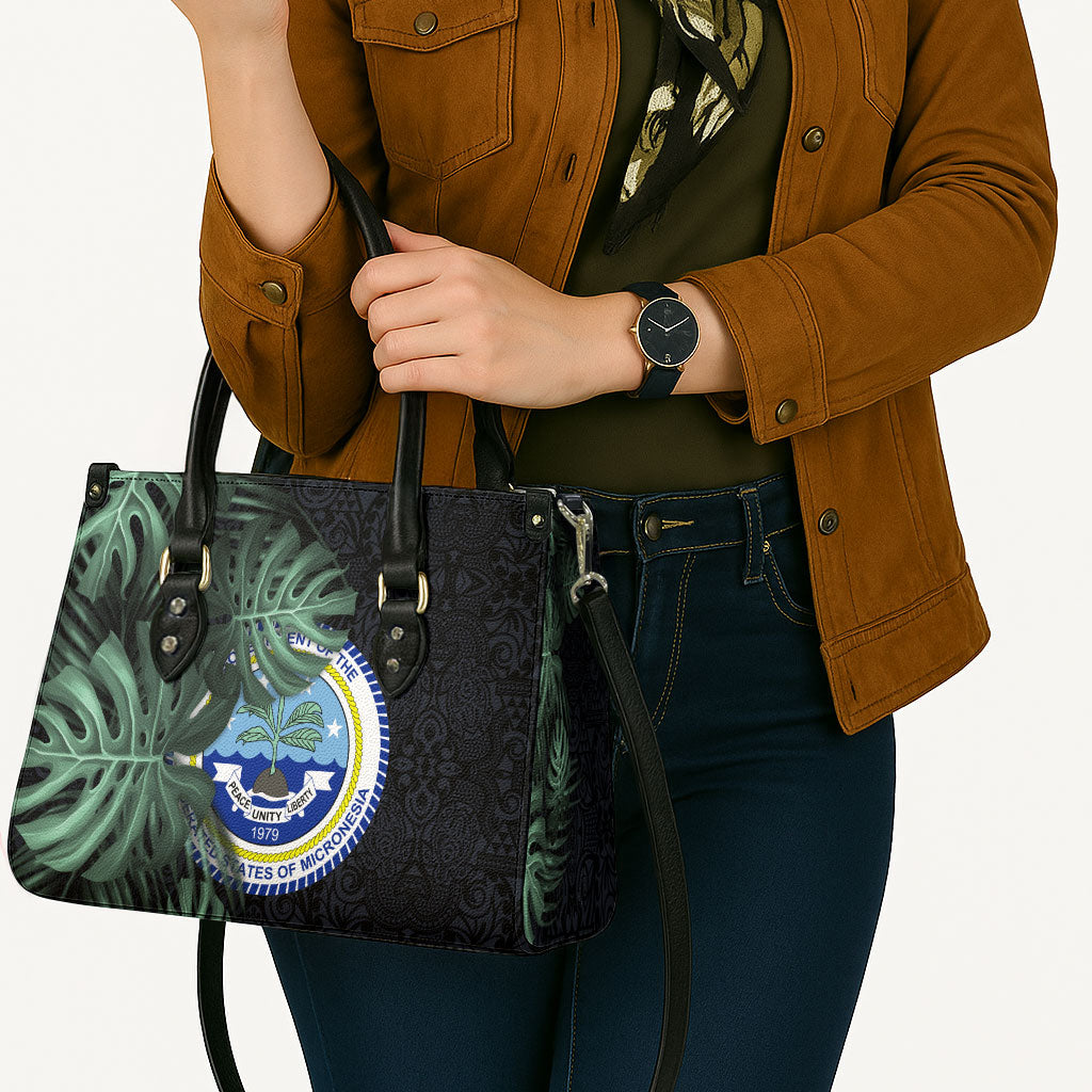 Federated States Of Micronesia Leather Bag FSM Tropical Monstera Leaf Dark Tribal Pattern TS04 - Polynesian Pride