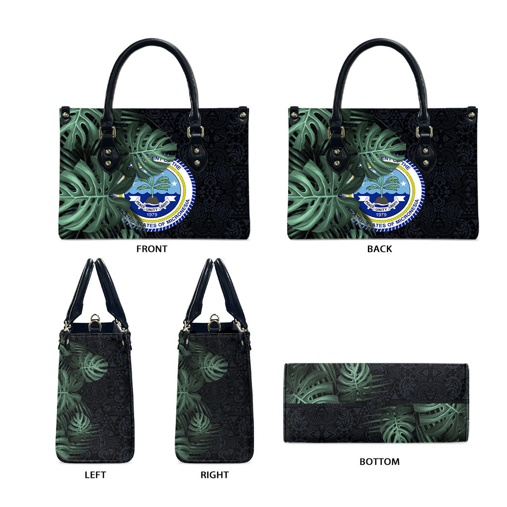 Federated States Of Micronesia Leather Bag FSM Tropical Monstera Leaf Dark Tribal Pattern TS04 - Polynesian Pride