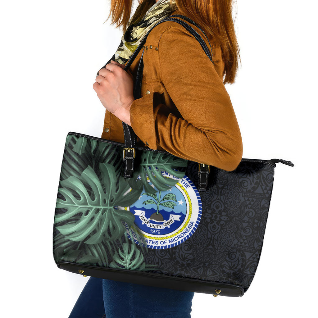 Federated States Of Micronesia Leather Tote Bag FSM Tropical Monstera Leaf Dark Tribal Pattern TS04 Black Green - Polynesian Pride
