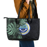 Federated States Of Micronesia Leather Tote Bag FSM Tropical Monstera Leaf Dark Tribal Pattern TS04 - Polynesian Pride