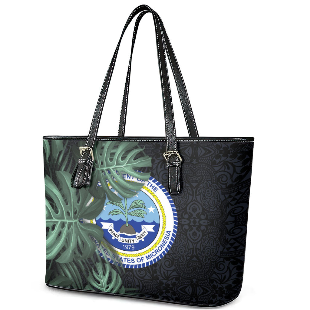 Federated States Of Micronesia Leather Tote Bag FSM Tropical Monstera Leaf Dark Tribal Pattern TS04 - Polynesian Pride