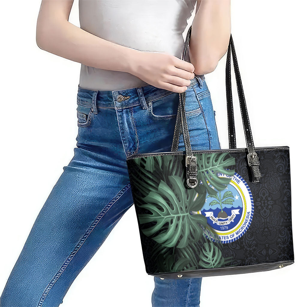 Federated States Of Micronesia Leather Tote Bag FSM Tropical Monstera Leaf Dark Tribal Pattern TS04 - Polynesian Pride
